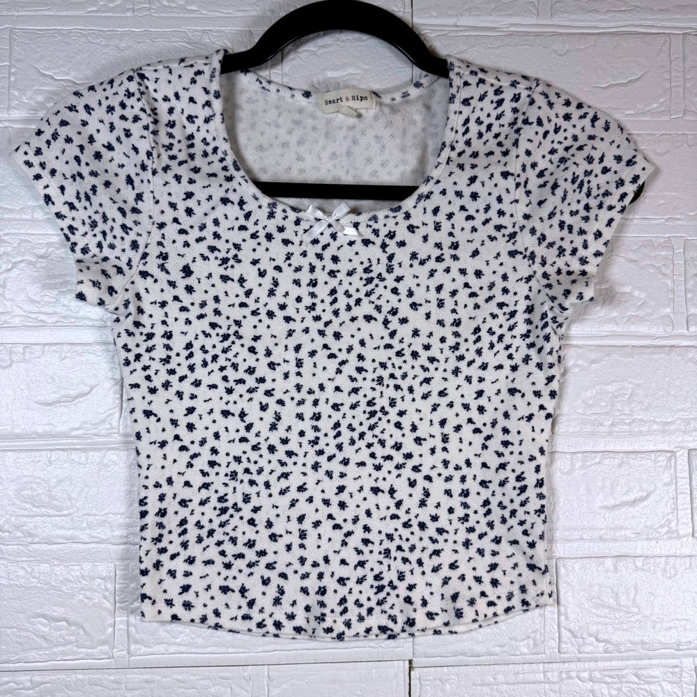 Heart & Hips Top Kids Small White Blue Floral Pointelle Bow Short Sleeve Tee